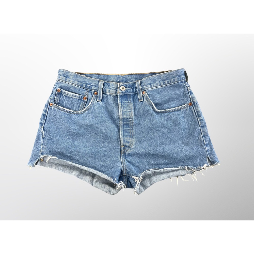 Levis Premium 501 Womens 32 Big E Cut Off Jean Shorts High Rise Denim Button Fly
